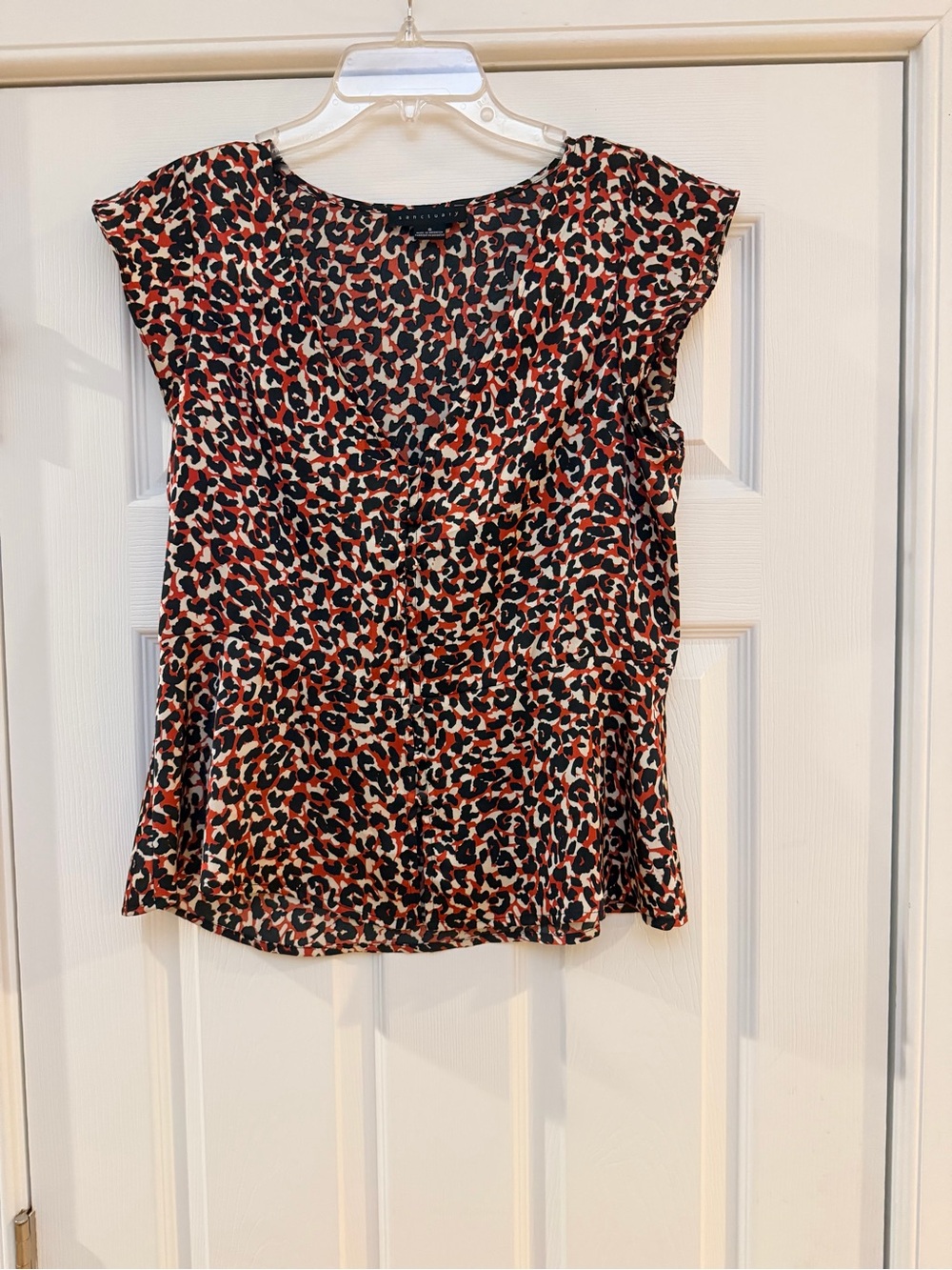 Ladies Size Small "Sanctuary" Leopard Print Cap Sleeve Blouse Black, Red & Cream